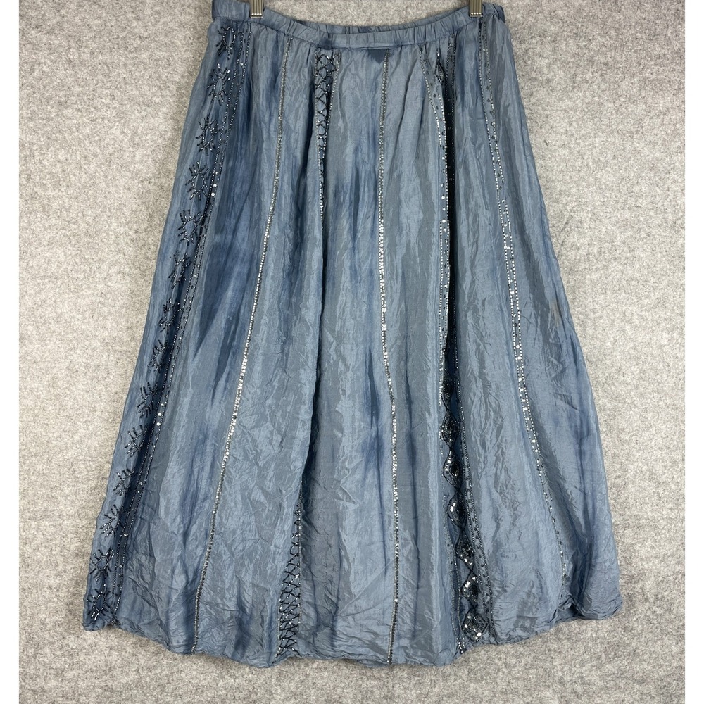 Chicos Maxi Skirt Womens 2 Large Blue Beaded Sequins Tie Dye Boho Gypsy Festival